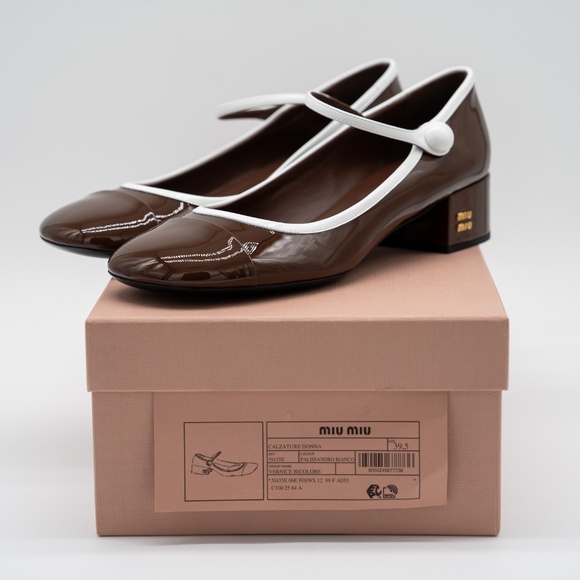 size 39.5eu 9.5 US Miu Miu Two-Tone Patent Leather Mary Jane Pumps Brown - Picture 11 of 12